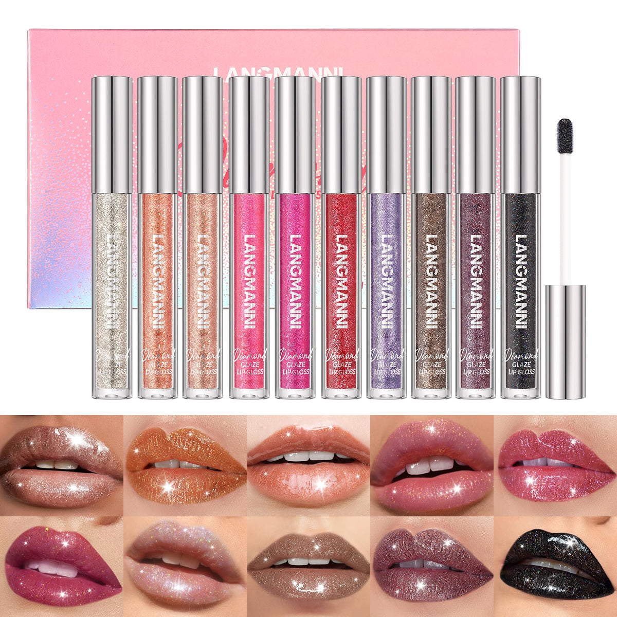  LANGMANNI set de brillos labiales con 10 tonos y destellos de diamante