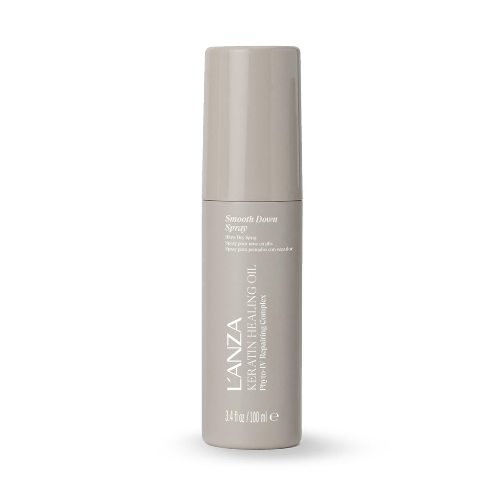L’ANZA Keratin Healing Oil Smooth Down Spray: botella para un peinado suave y brillante.