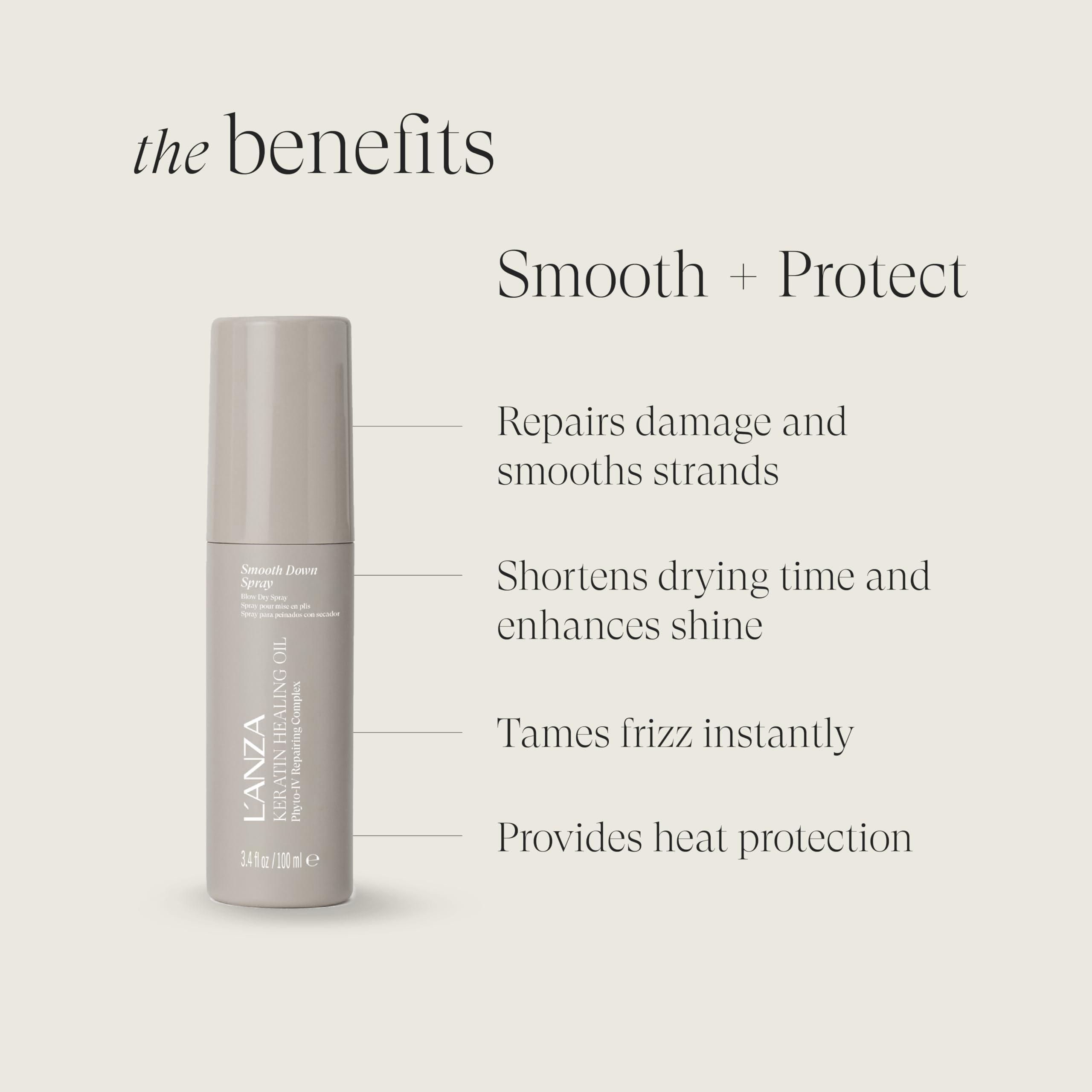 L’ANZA Keratin Healing Oil Smooth Down Spray: efecto brillo visible tras secado.