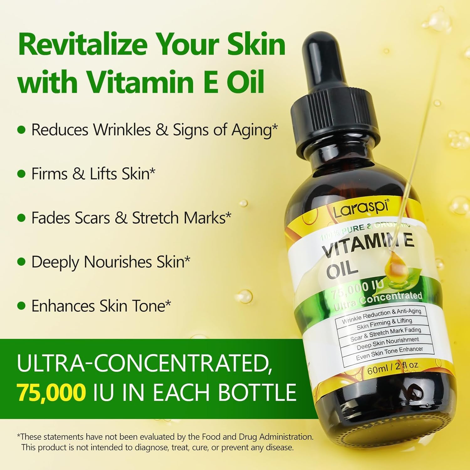 Laraspi Aceite Vitamina E puro para rostro radiante y nutrido.