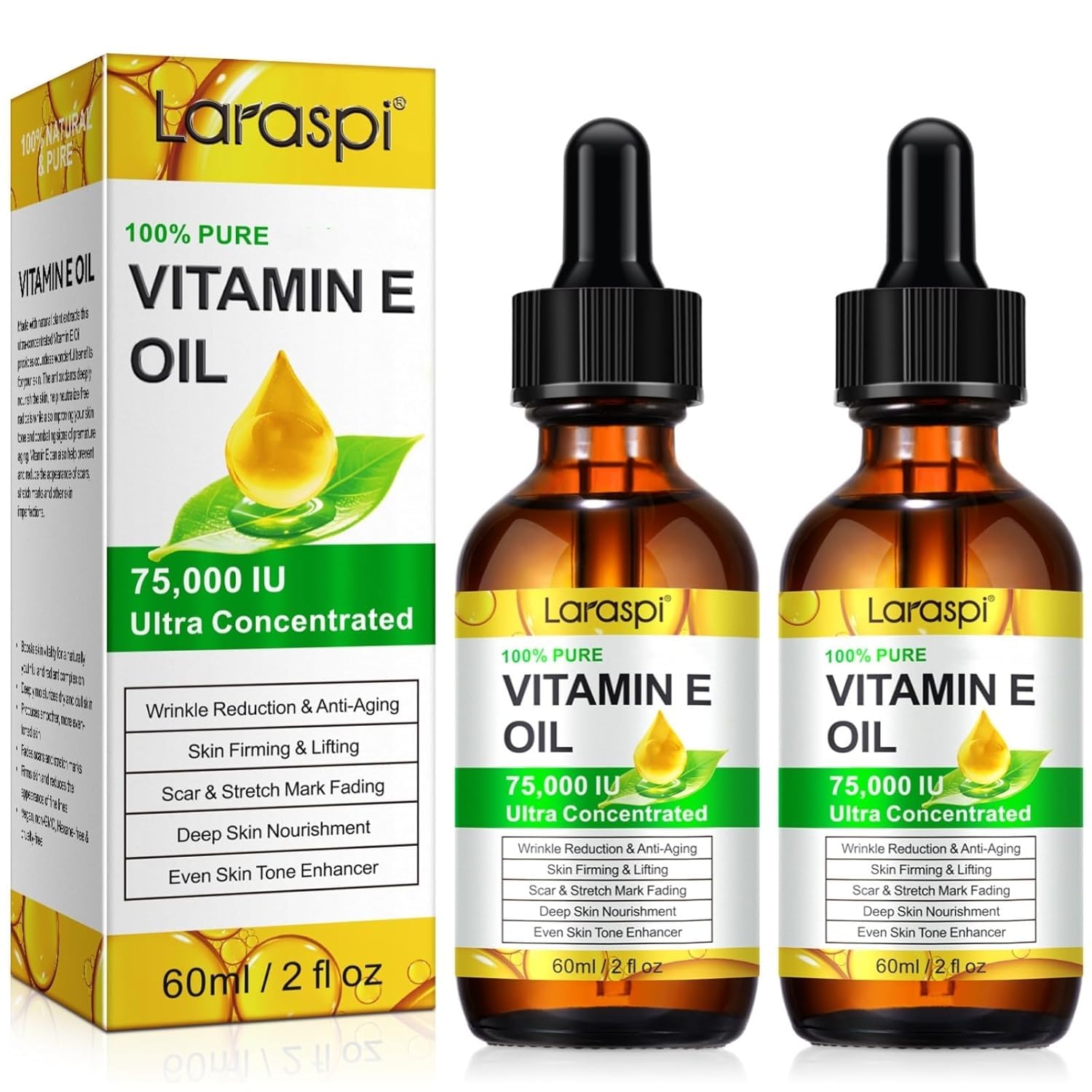 Laraspi Aceite Vitamina E puro para piel suave y hidratación diaria.