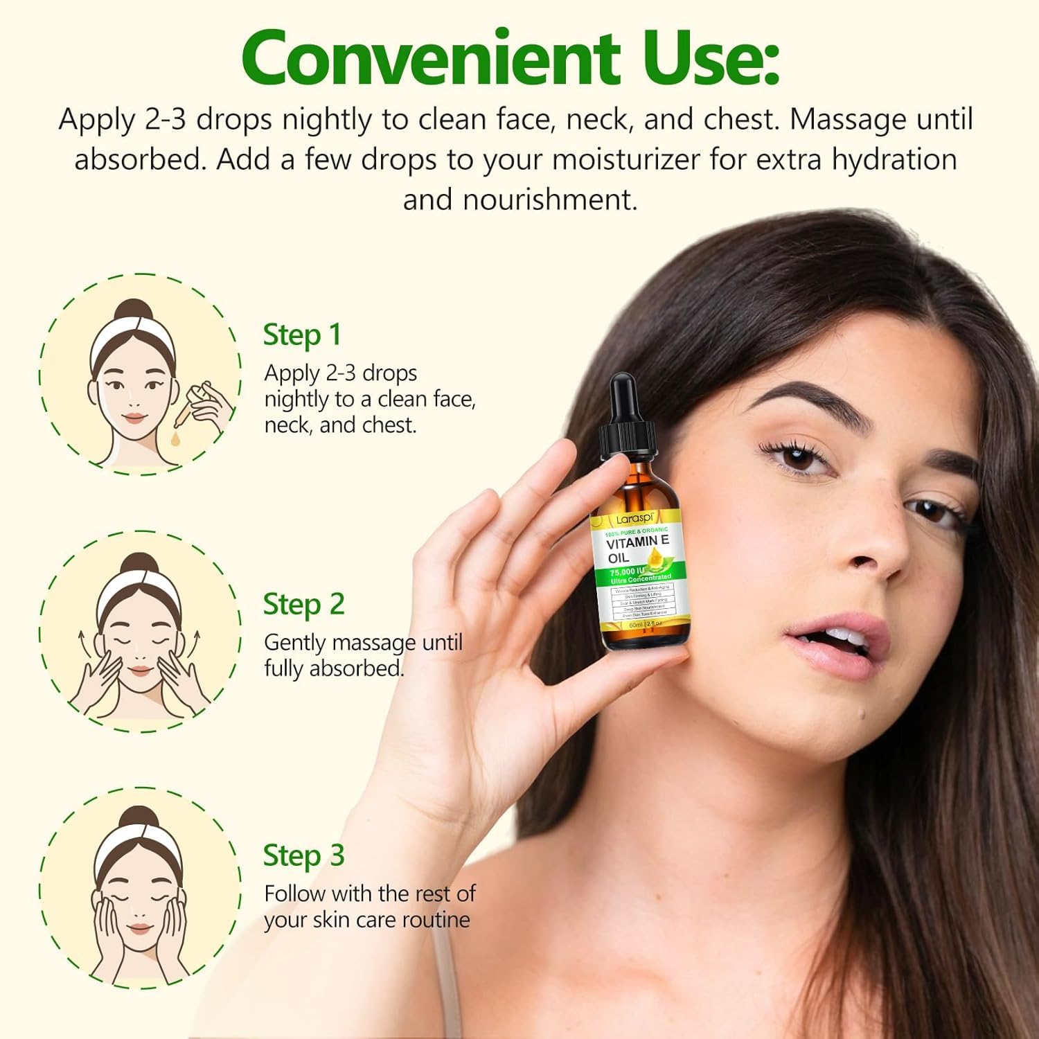 Laraspi Aceite Vitamina E puro para uñas nutridas y fortalecidas.