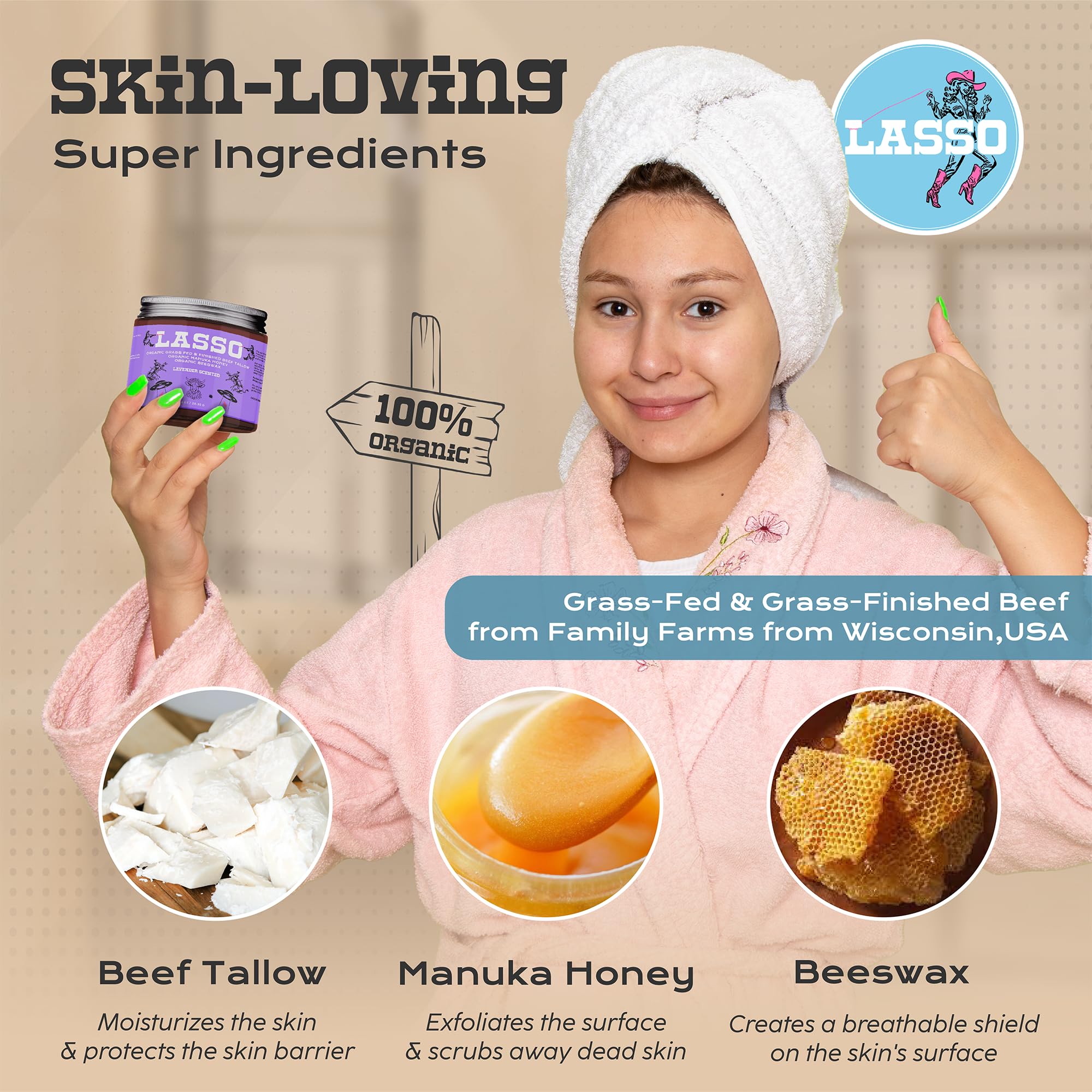 Etiqueta orgánica LASSO que destaca ingredientes naturales.