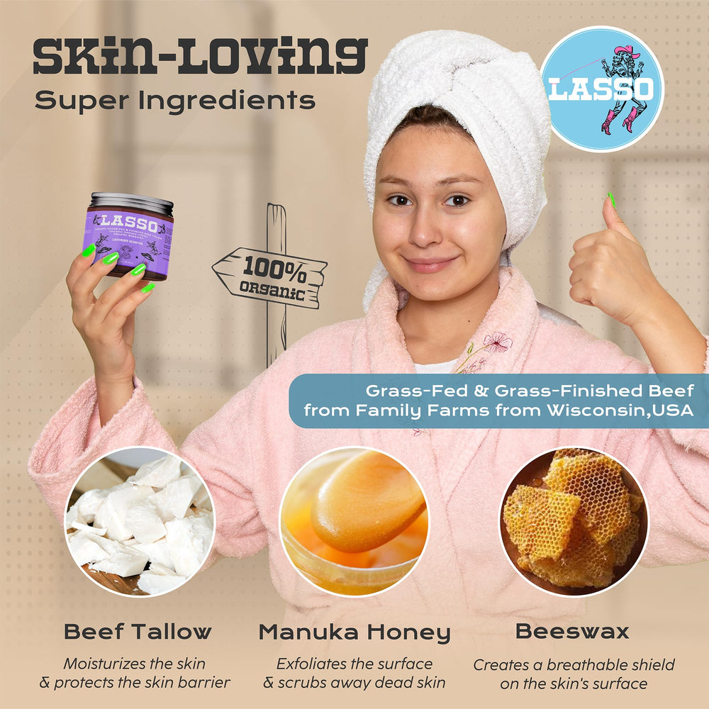 Etiqueta orgánica LASSO que destaca ingredientes naturales.