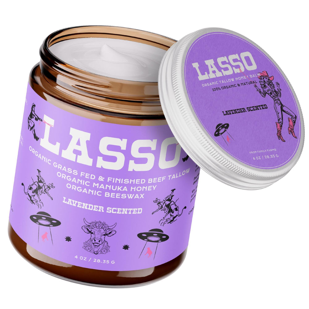 Bote de sebo de res LASSO con lavanda para hidratación suave.