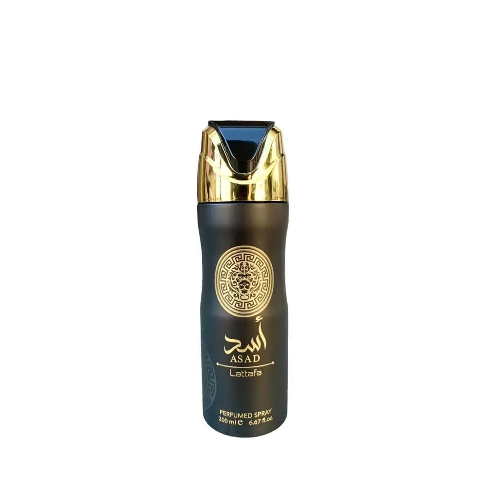 Lattafa Asad desodorante perfumado spray, frasco visible para uso diario.