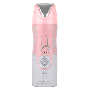 Lattafa Yara desodorante perfumado en frasco; aroma duradero para uso diario.