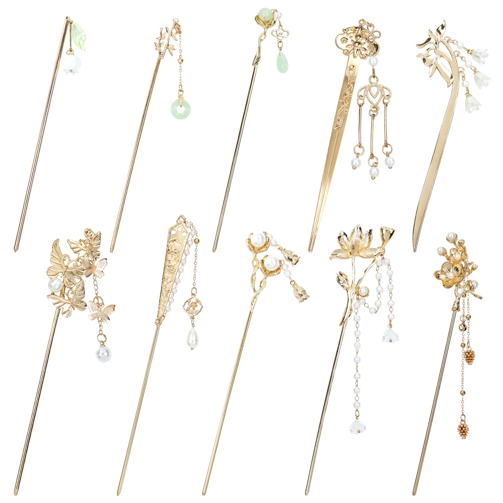 Lawie palillos dorados con perlas y jade sostienen peinados con elegancia