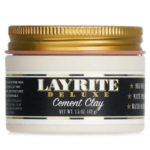 Layrite Deluxe Cement Hair Clay, acabado mate y fijación duradera para peinados definidos.