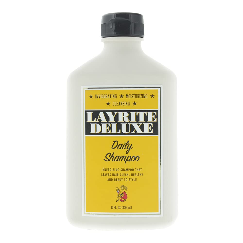 Champú diario Layrite, botella frontal, cabello limpio y listo para peinar
