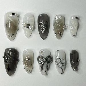 LBPEPAMZ uñas postizas negras almendra con diseño 3D lazo y perlas para look elegante.