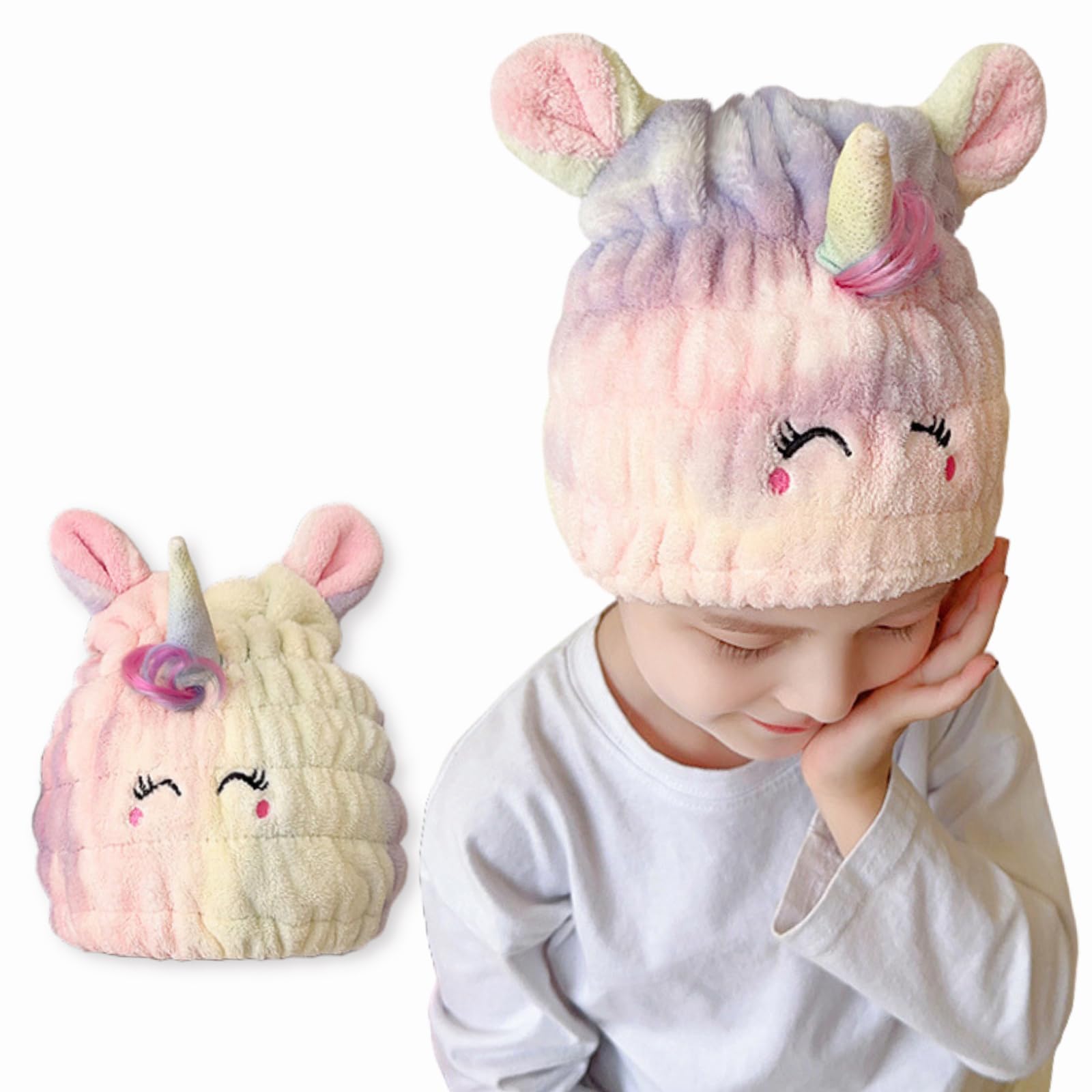 LCBD Gorro de microfibra con unicornio para secar el cabello de niños rápidamente