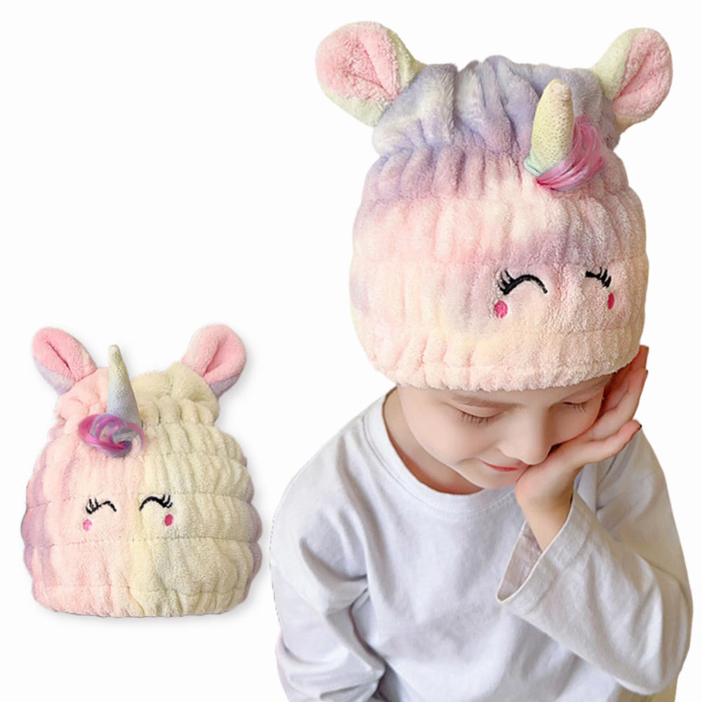 LCBD Gorro de microfibra con unicornio para secar el cabello de niños rápidamente