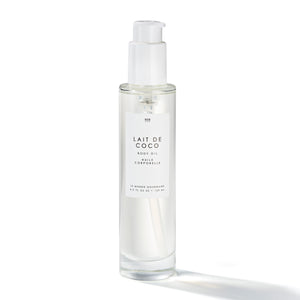 Le Monde Gourmand Lait de Coco Aceite Corporal en botella, hidratación rápida para piel seca.