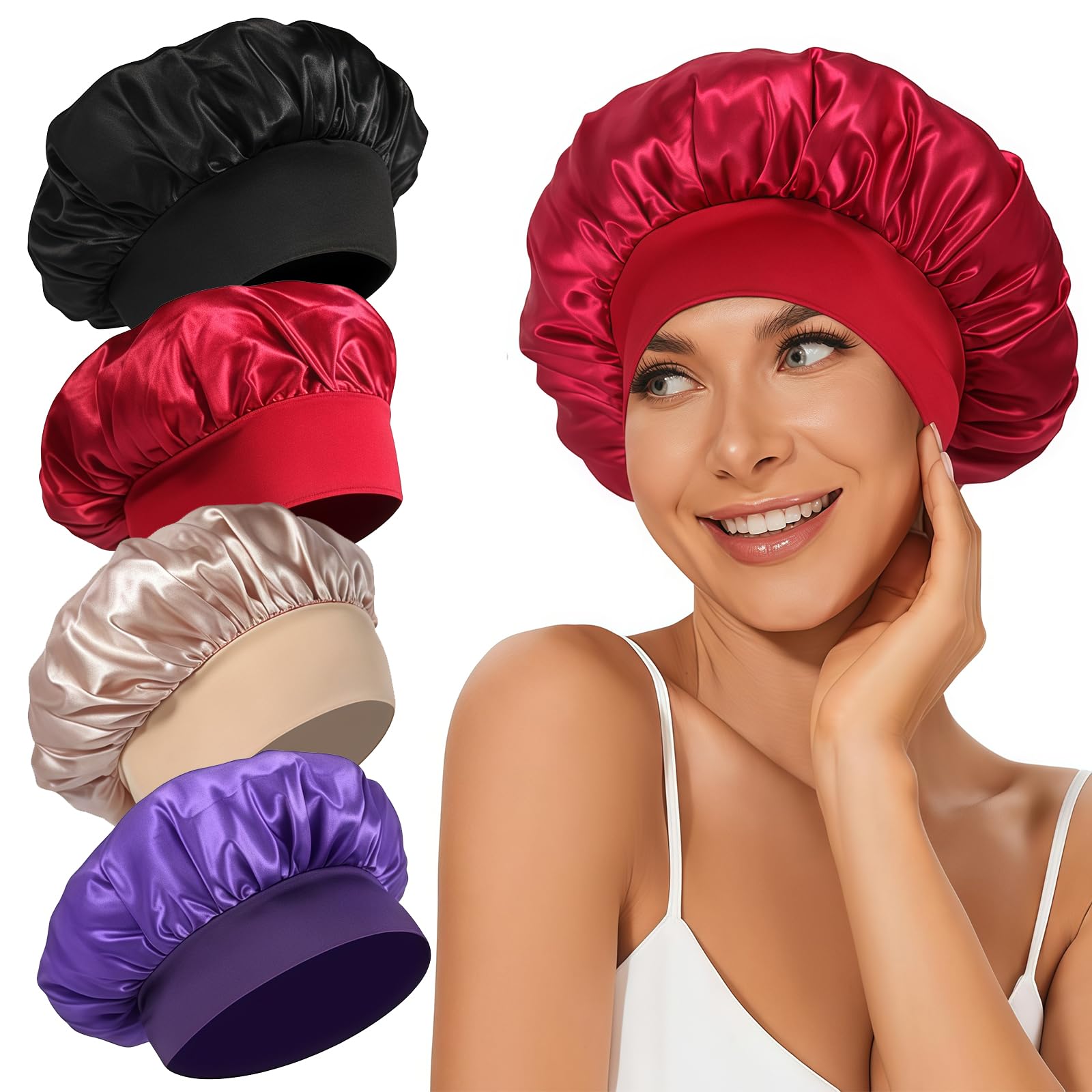 Gorro satén LEADUWAY para dormir negro, suave y protector del cabello.