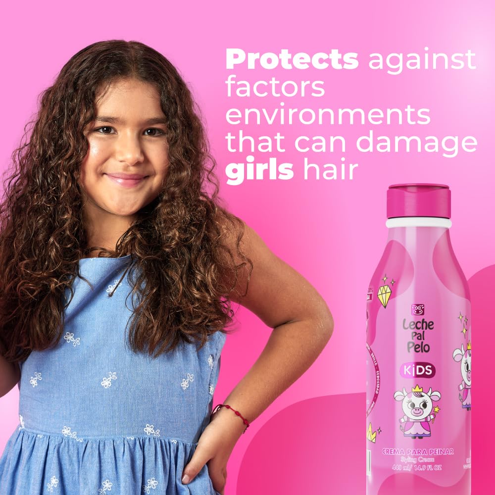 Leche Pal Pelo Kids Styling Cream, aplicación en pelo seco, facilita peinado suave.