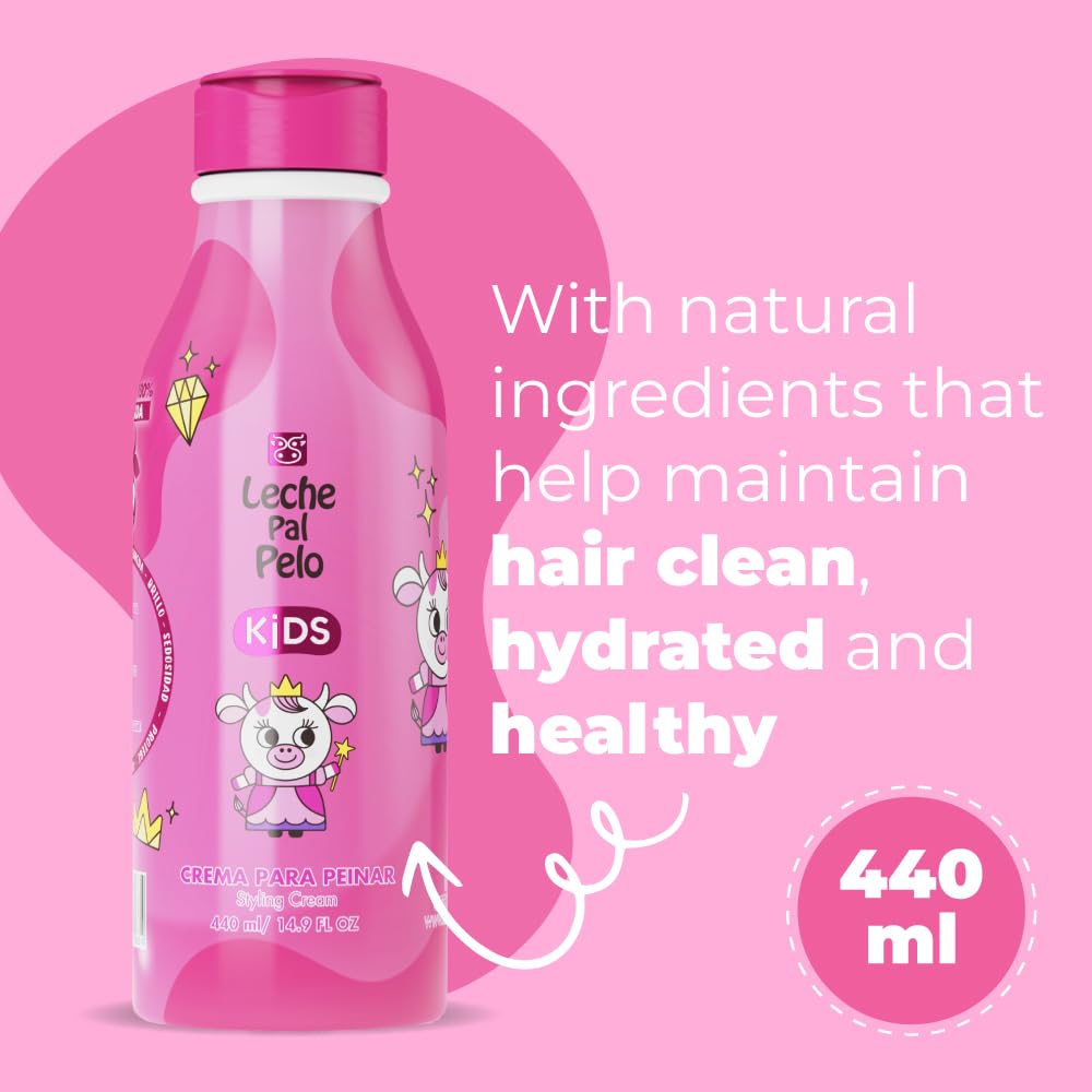 Leche Pal Pelo Kids Styling Cream, etiqueta detallada, información de ingredientes nutritivos.