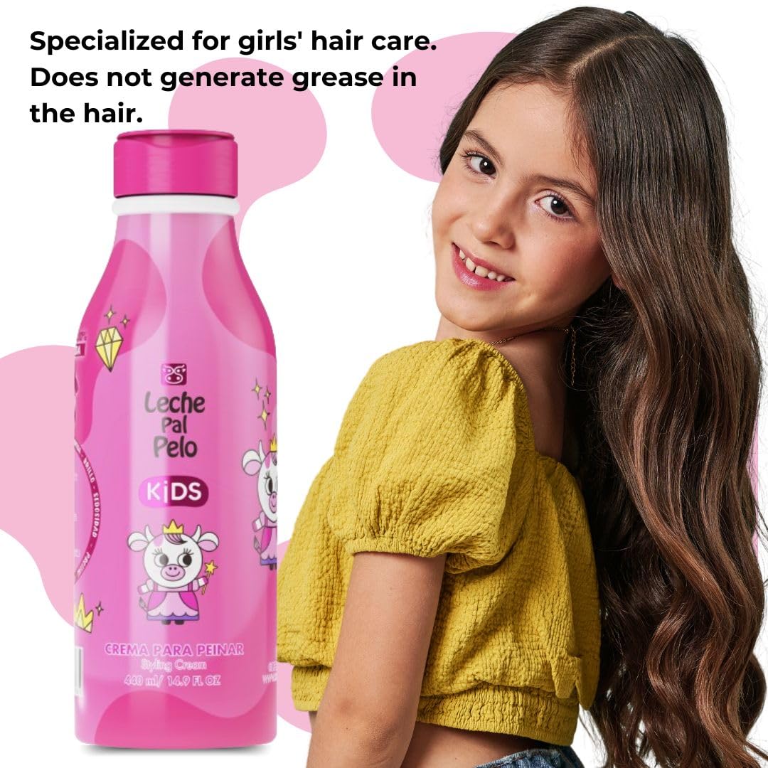 Leche Pal Pelo Kids Styling Cream, resultado brillo suave para uso diario.