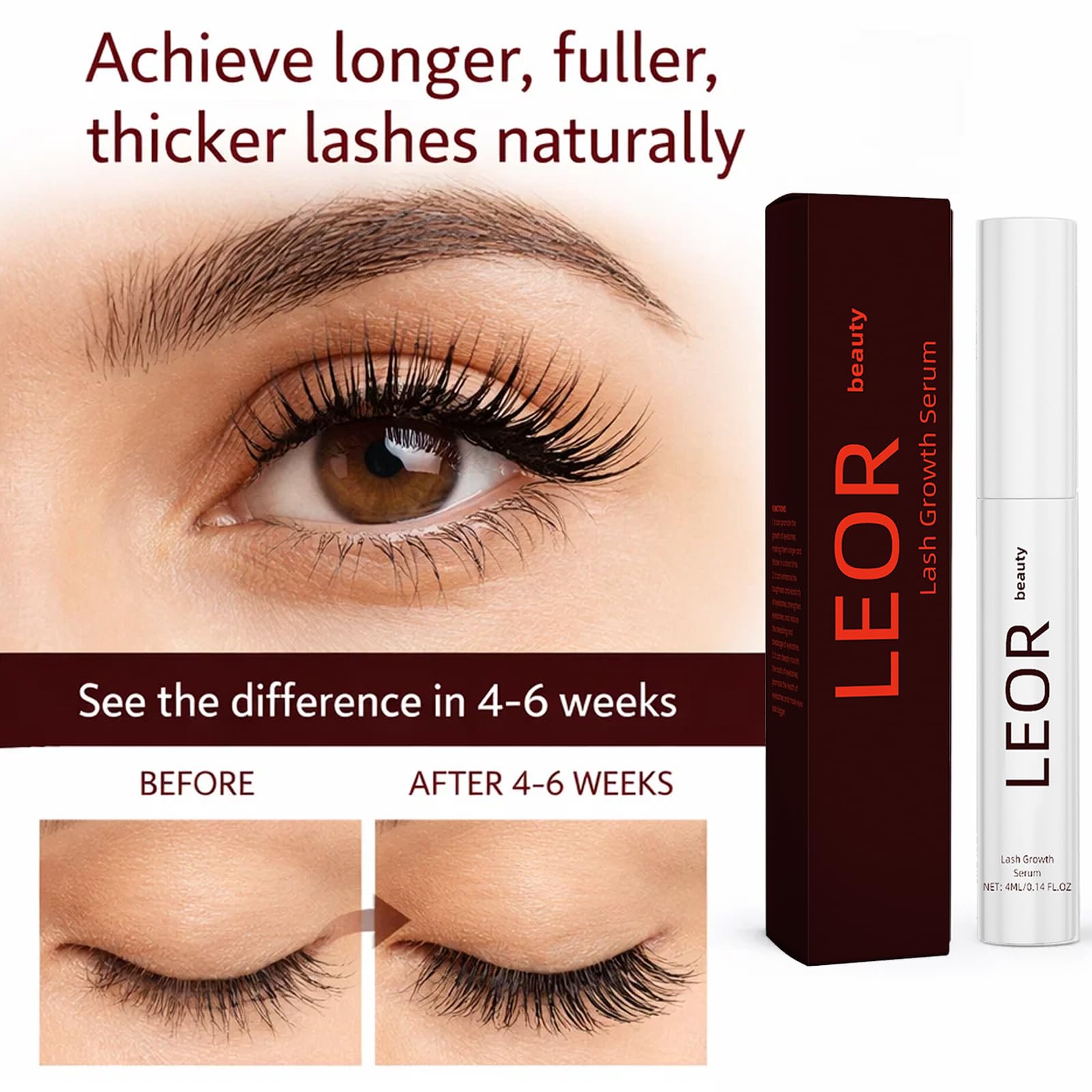 Leor Beauty serum de pestañas caja de presentación elegante