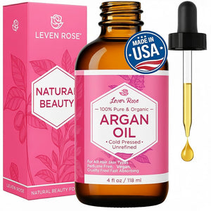Leven Rose Aceite de Argán, botella oscura, preserva nutrientes para cabello y piel.