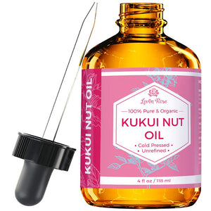 Leven Rose Kukui Nut Oil en frasco ambar para preservar el aceite y facilitar la aplicacion
