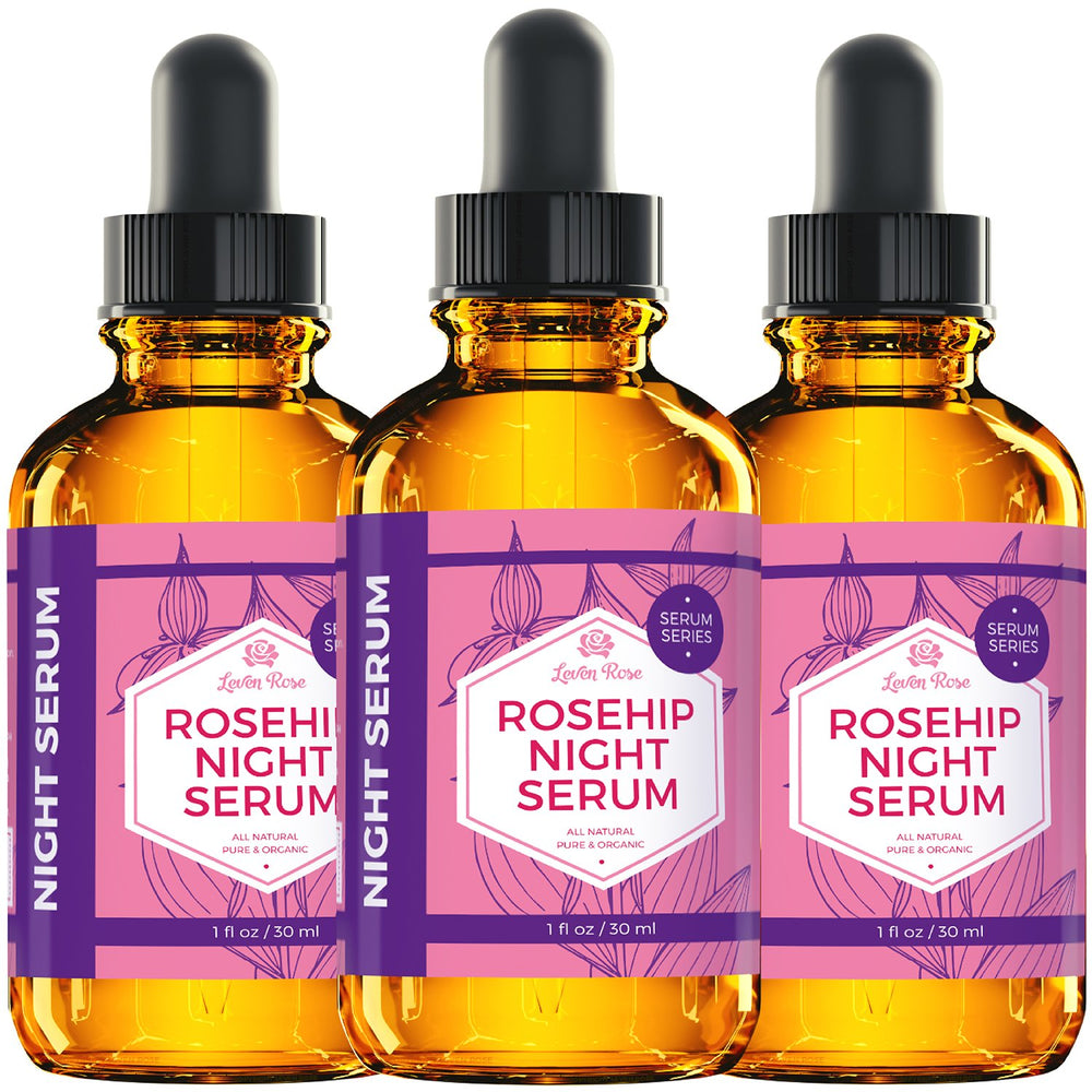 Leven Rose frasco de aceite rosa mosqueta para rutina nocturna.
