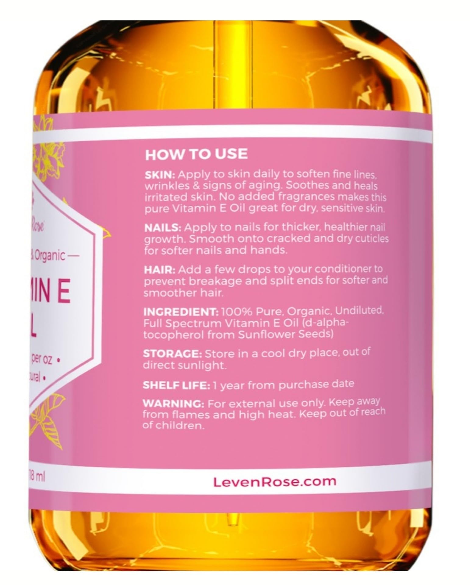 Leven Rose Aceite Vitamina E, aroma terroso y natural.