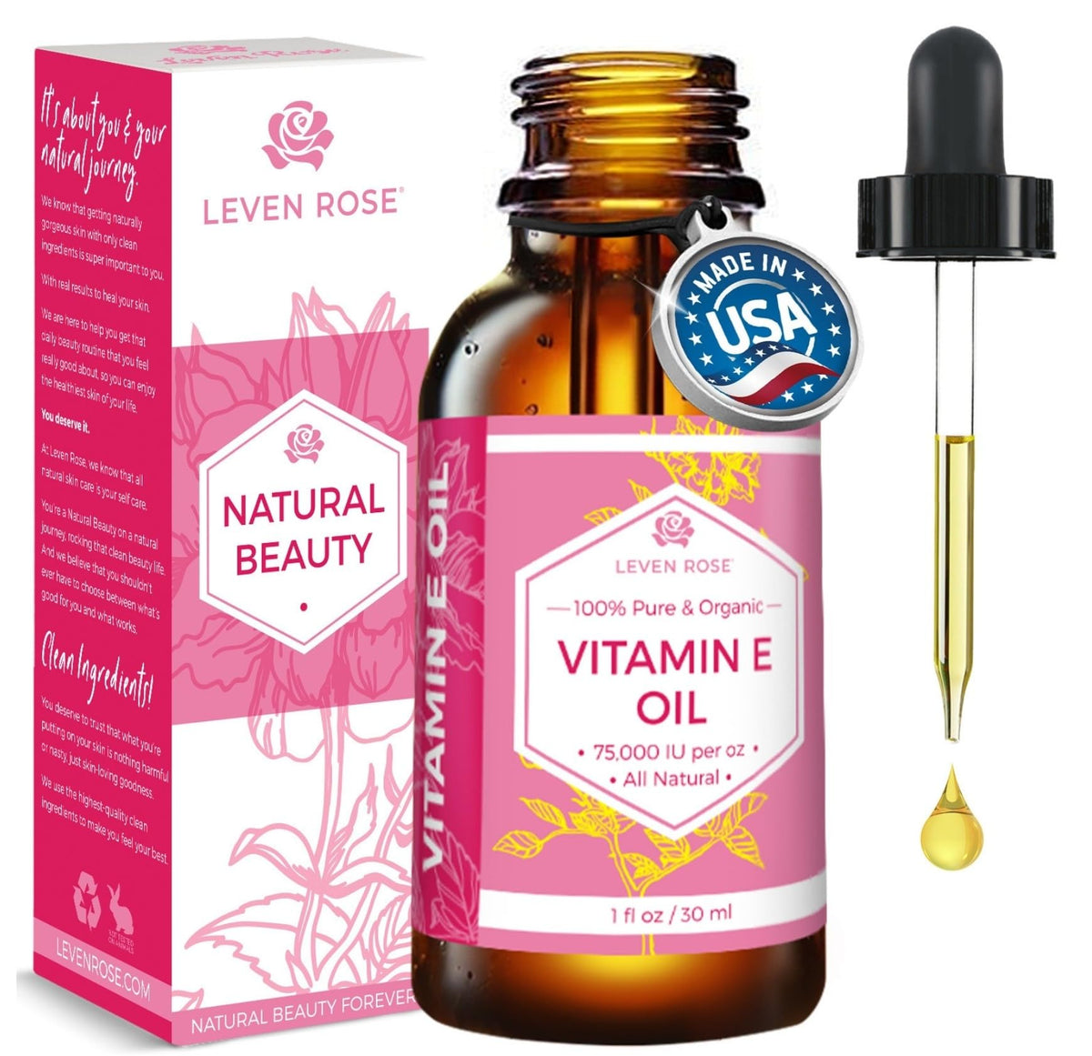 Leven Rose Aceite Vitamina E, botella 1oz, hidratación profunda para la piel.