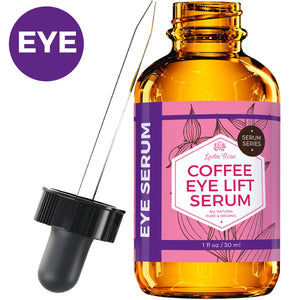 Serum de ojos Leven Rose con cafeína en botella, sensación fresca para la mirada.