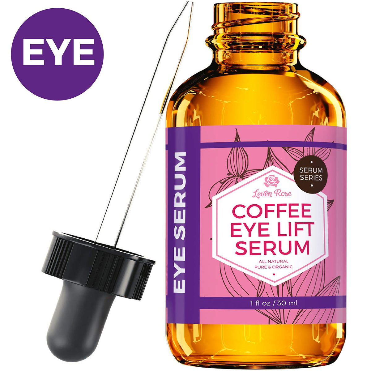Serum de ojos Leven Rose con cafeína en botella, sensación fresca para la mirada.