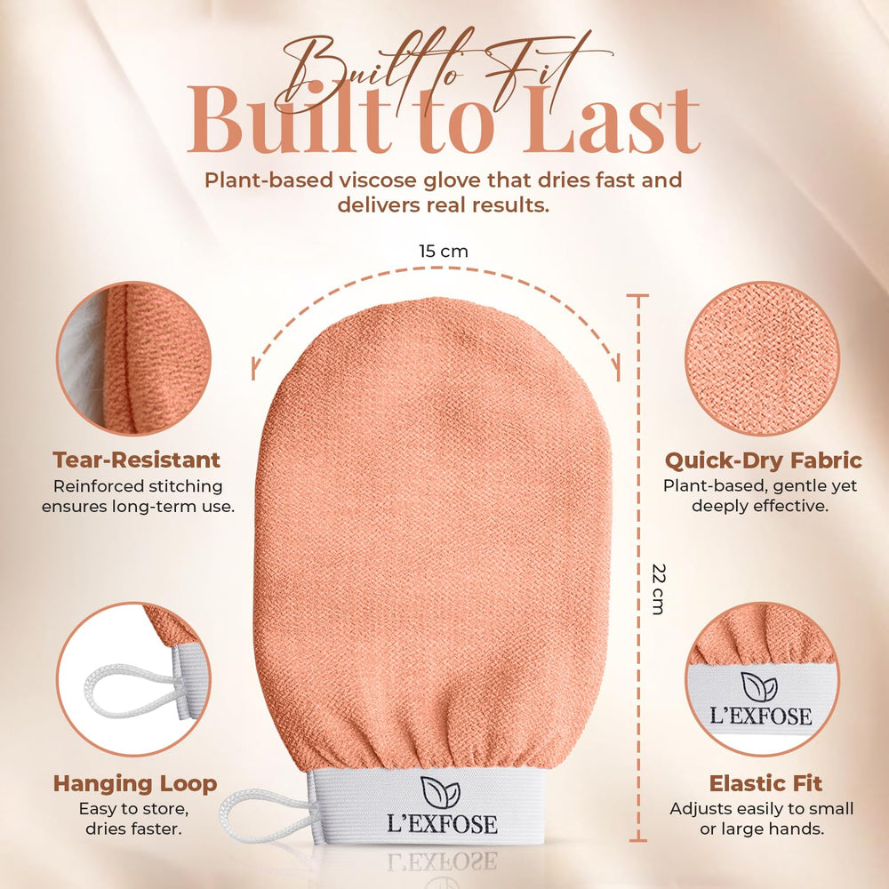 Paquete de dos guantes L'Exfose Kessa Hammam para cuidado suave de la piel.