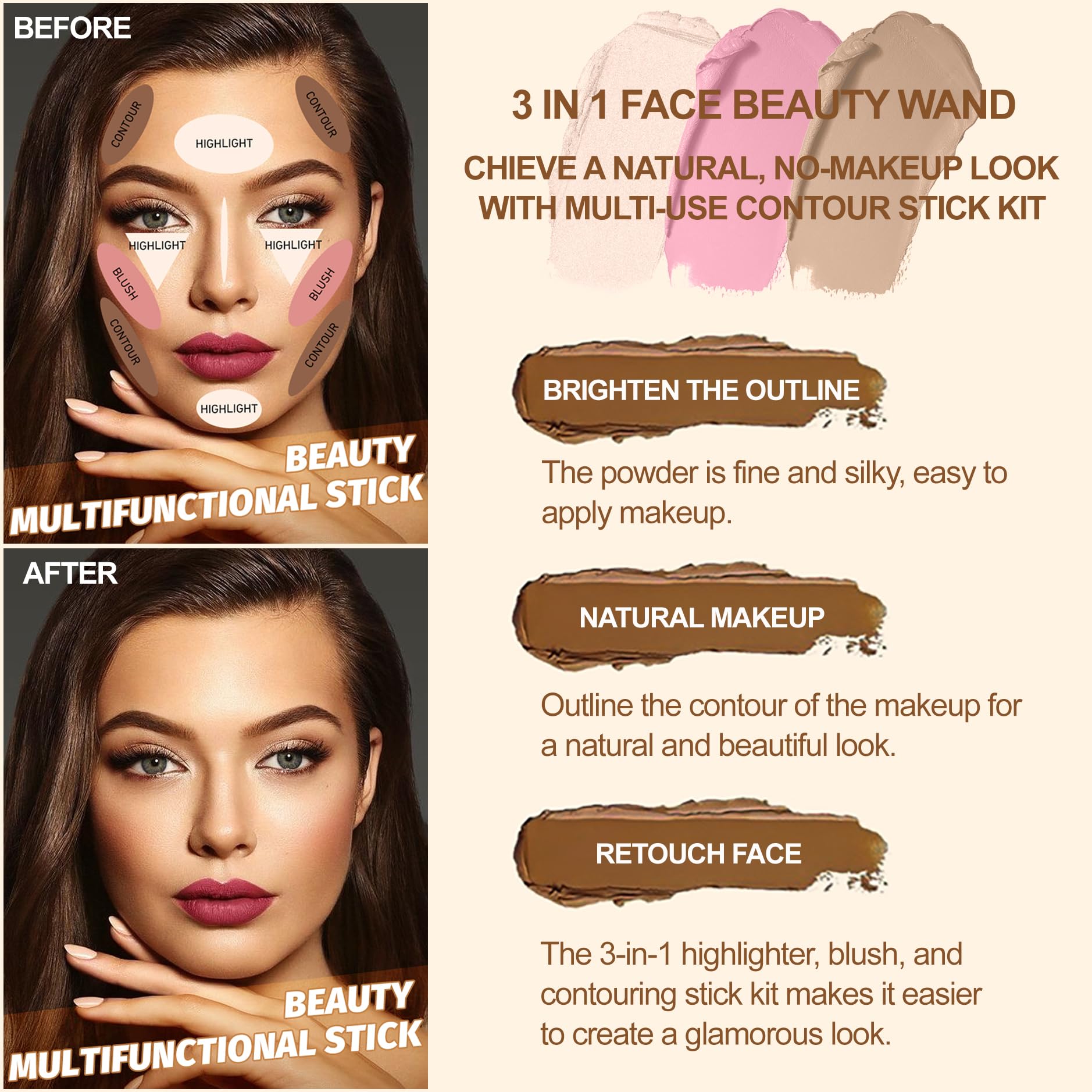 La imagen señala el bronceador Lezero stick aplicado para calentar la tez.