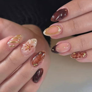 LFLSSTNM uñas postizas punta Francesa forma de almendra con 3D flores en relieve dorado