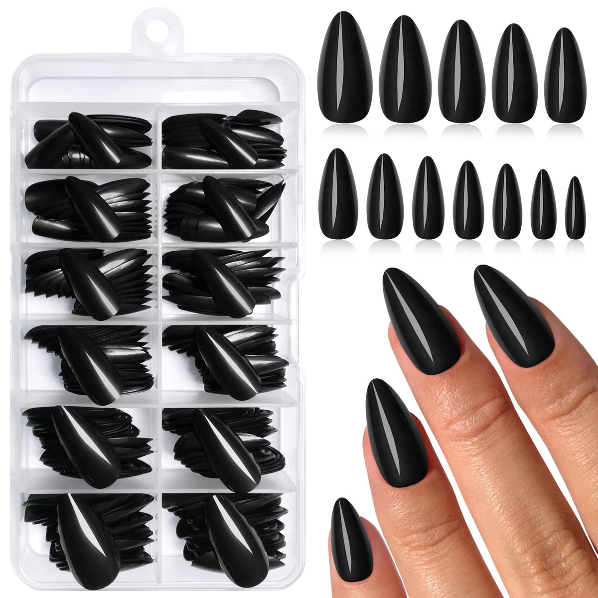 Lifextol: uñas almendra negras con brillo para un look elegante.