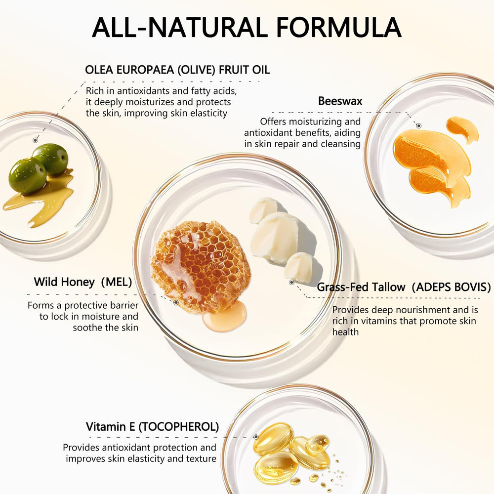 Ingredientes naturales: grasa vacuna y miel cruda para nutrición suave.