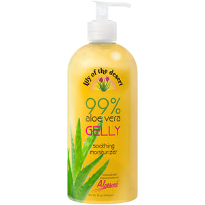 Lily Of The Desert Gelly: botella visible con aloe vera 99% para hidratación suave.