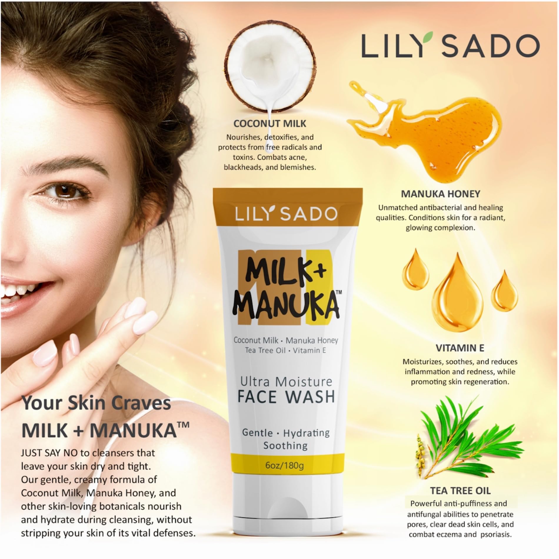 LILY SADO MILK+MANUKA: primer plano de miel de Manuka y aloe.