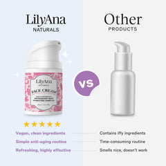 Frasco de LilyAna Naturals, crema facial de textura ligera para absorción.
