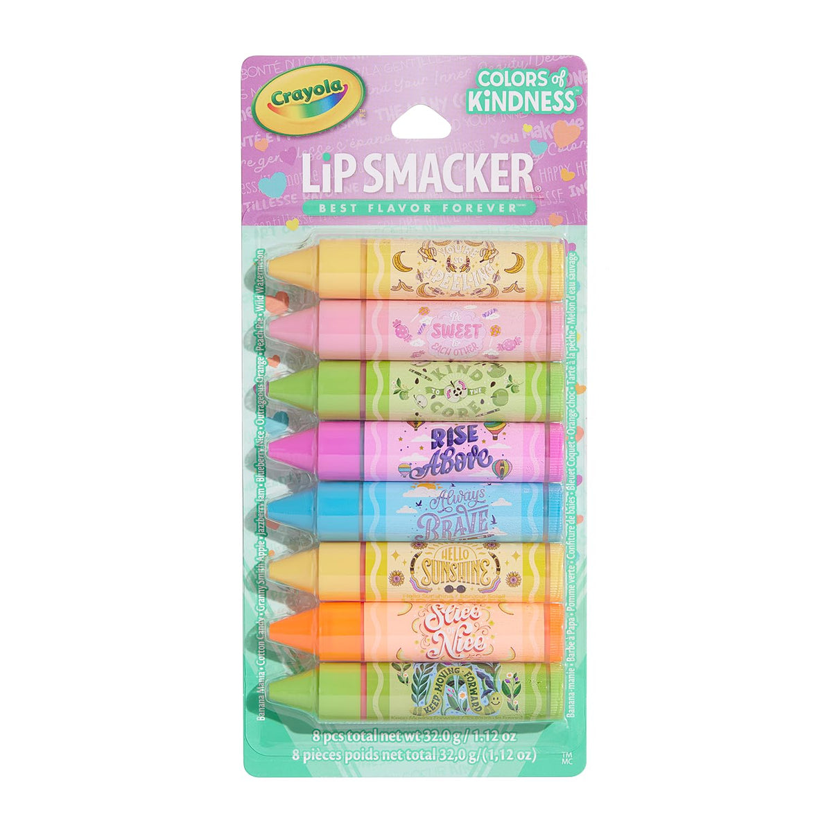 Lip Smacker Crayola Party Pack muestra 8 bálsamos hidratantes para labios suaves.