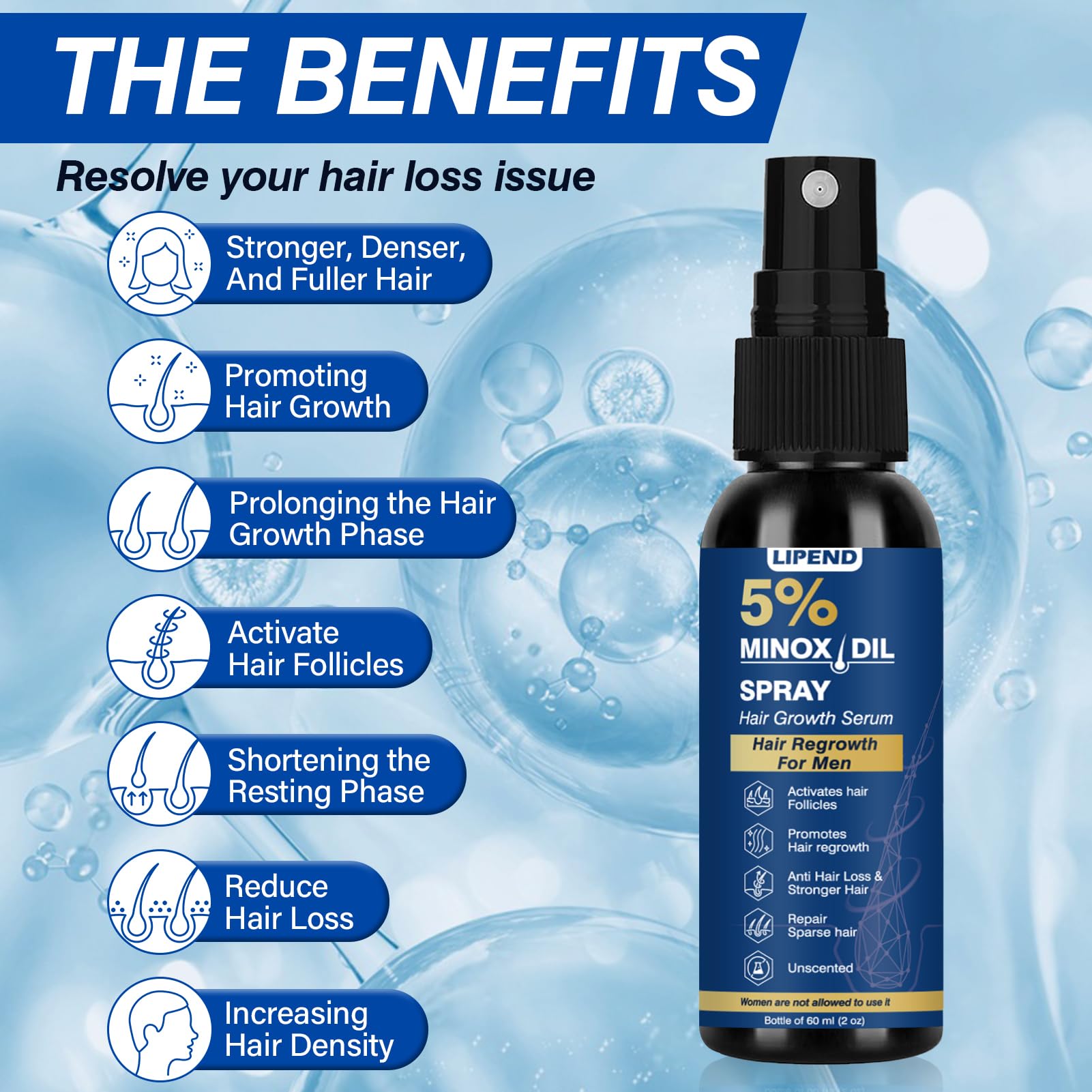 Lipend Minoxidil crecimiento cabelludo, cabello potencialmente más grueso con uso regular.