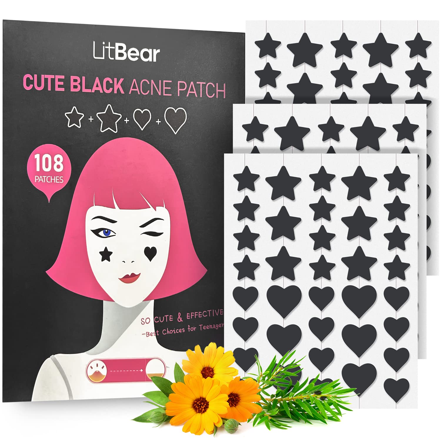 LitBear parche acne estrella negra, protege y absorbe fluidos para un aspecto más limpio.