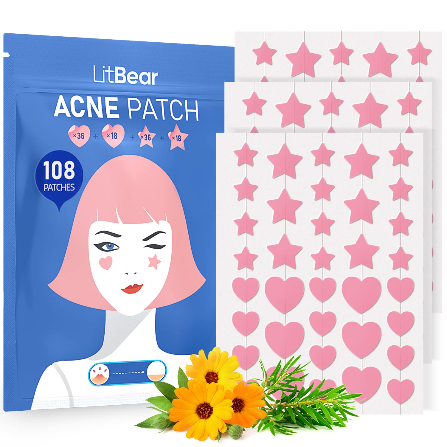 LitBear parche acne corazón rosado 8mm, adhesión fuerte para uso nocturno.