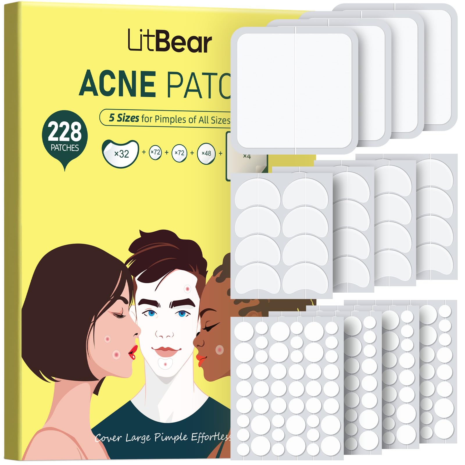LitBear parches para acné en caja, 228 piezas para brotes variados.