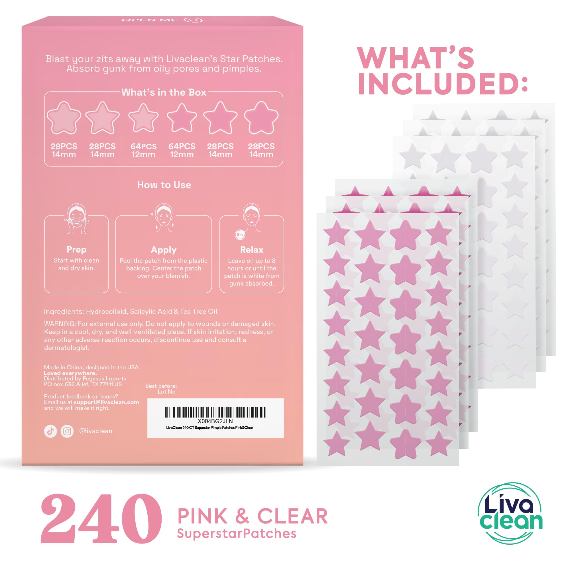 Parche estrella LivaClean rosa de 12 mm para granos, tratamiento suave.