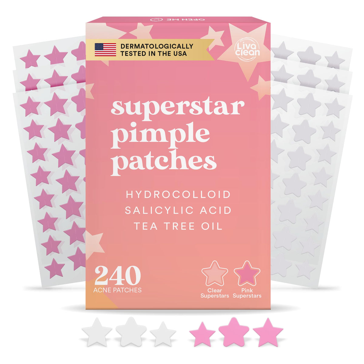 Parches estrella LivaClean para imperfecciones, 240 unidades, cuidado nocturno.