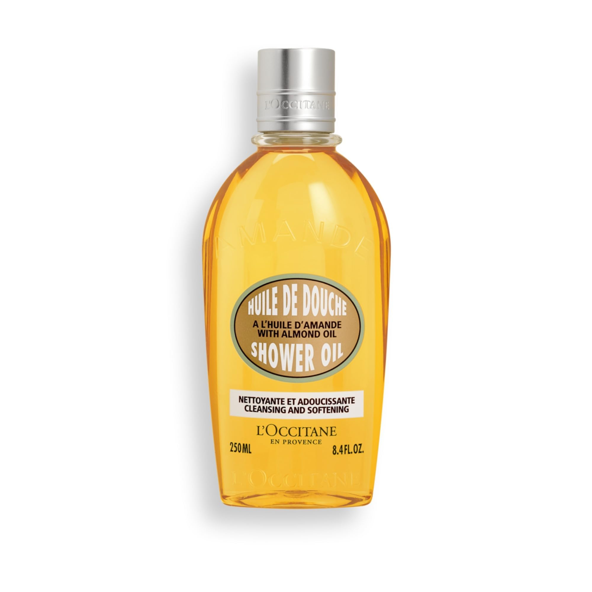L'Occitane Aceite de Ducha de Almendra, botella visible, suaviza la piel tras la ducha.