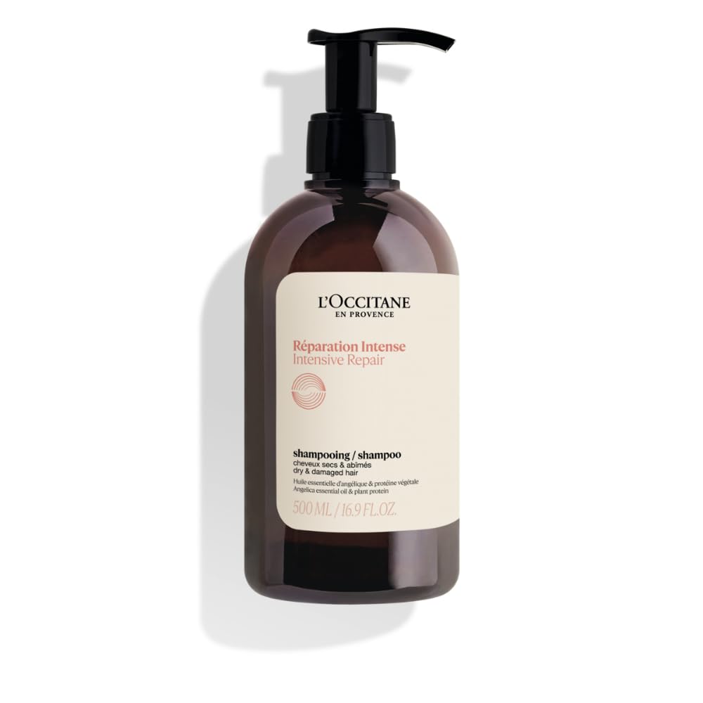 L'Occitane Shampoo Reparación Intensa, botella sin siliconas para cabello más fuerte.