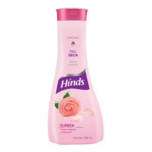 Loción Hinds 230ml, botella visible para hidratación suave diaria.