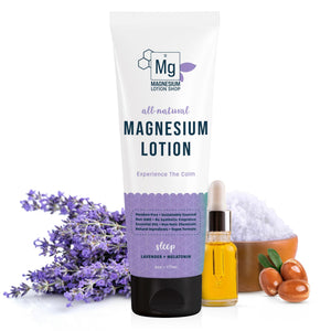 Loción de magnesio lavanda frasco: promueve relajación y hidratación suave.