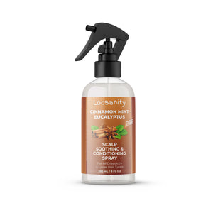 Locsanity aerosol: botella frontal muestra uso suave para cuero cabelludo sensible.